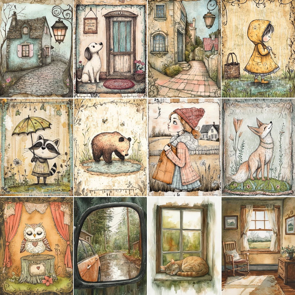 Collage of illustrated scenes featuring animals, houses, and nature.