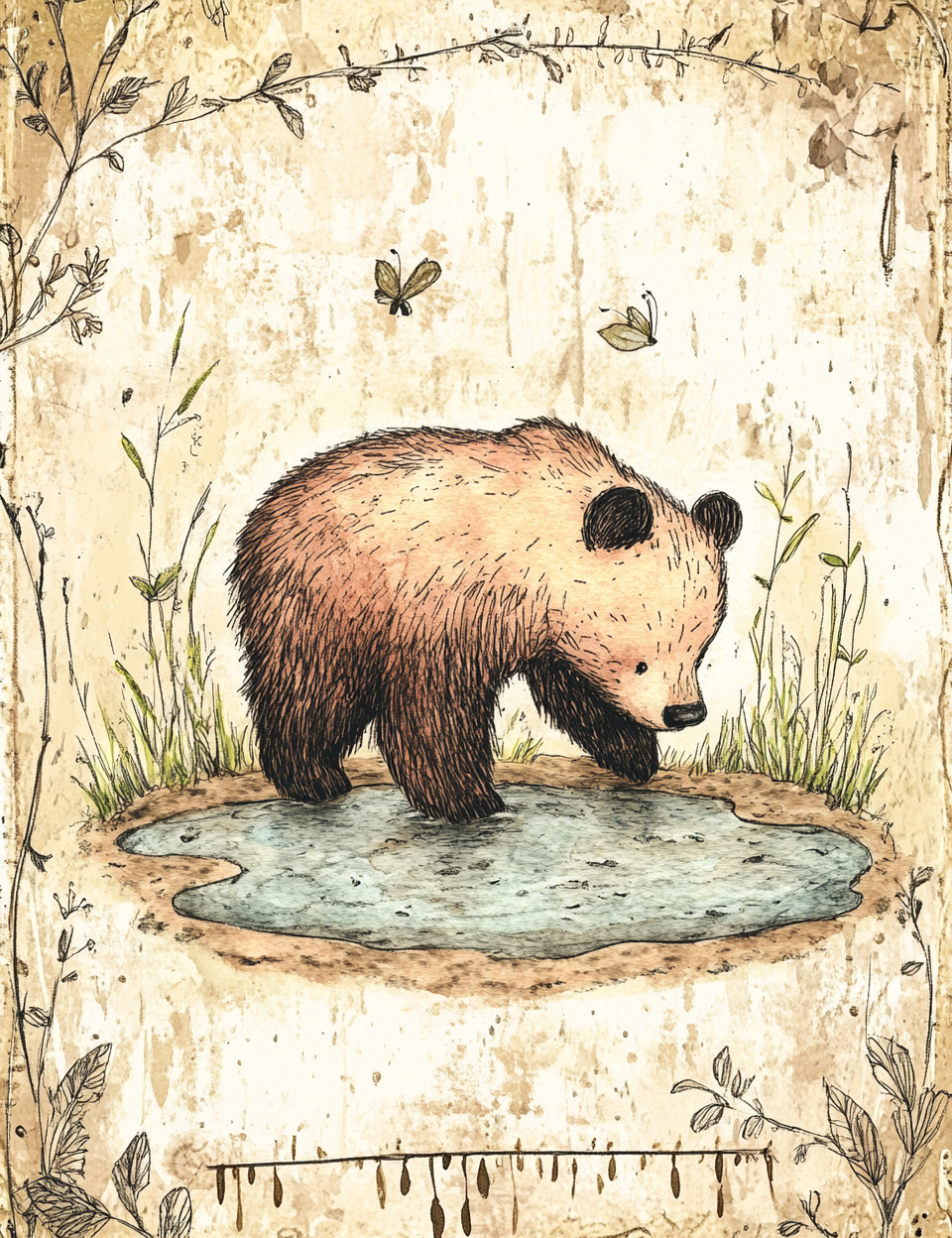 Illustration of a bear standing by a pond with a nature-themed border.