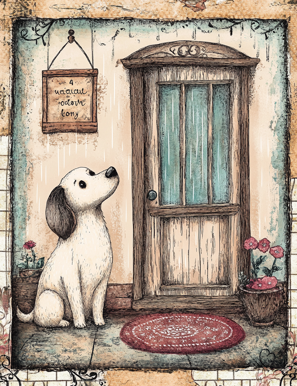 Illustration of a dog sitting on a doormat in front of a wooden door with a sign above it.