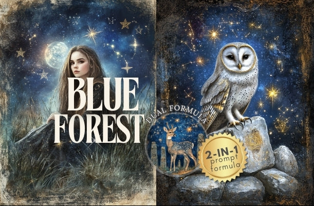 Collage of 'Blue Forest' product packaging with a woman, owl, and deer illustration against a starry night sky.