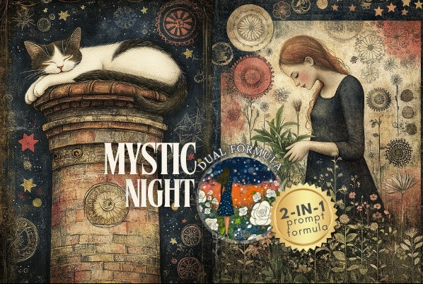 Mystic Night dual format album cover art featuring a whimsical illustration of a girl in a red dress on the left, a white cat sleeping on a brick pillar topped with a book in the center-left, a girl in a dark dress holding flowers on the right, a otter on the far right, and a central circular badge reading '2-IN-1 prompt pack'.