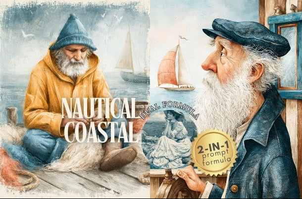 Collage of a nautical-themed product with a man in a boat, seagull, and ship illustration.