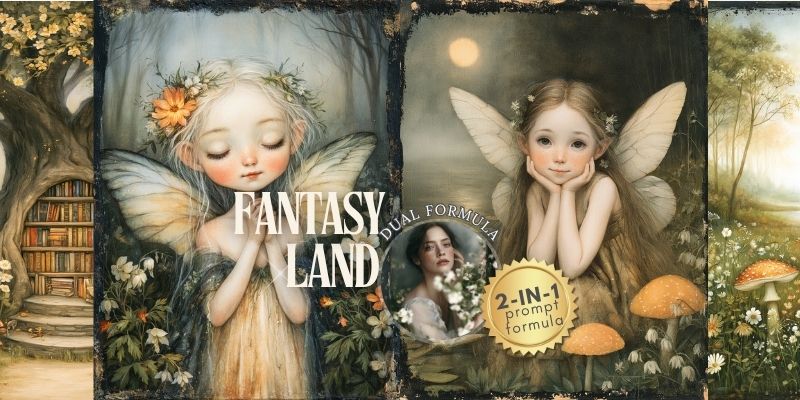 A digital preview banner for a 'Fantasy Land' AI image prompt template, featuring two illustrated fairies in a magical forest setting with a bookshelf and mushrooms, along with text overlays.