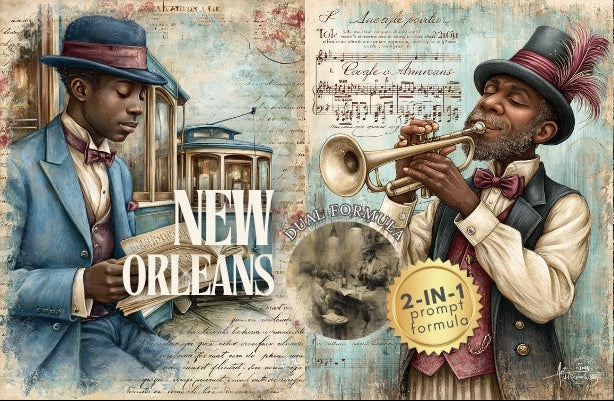 Collage of two men in vintage attire with New Orleans theme, including a trumpet player and a newspaper boy.
