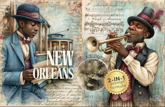 Collage of two men in vintage attire with New Orleans theme, including a trumpet player and a newspaper boy.