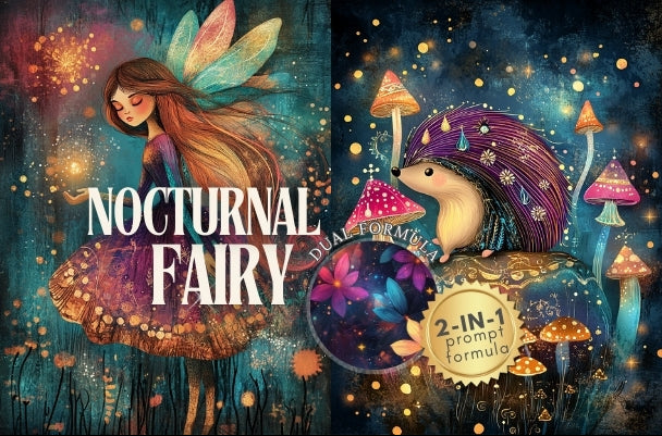 Collage of three magical illustrations featuring a fairy, hedgehog, and forest elements with 'Nocturnal Fairy' branding.