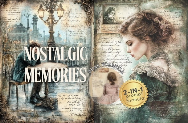 Vintage-style advertisement with a woman and man by a lake, text 'Nostalgic Memories', and scenic background.