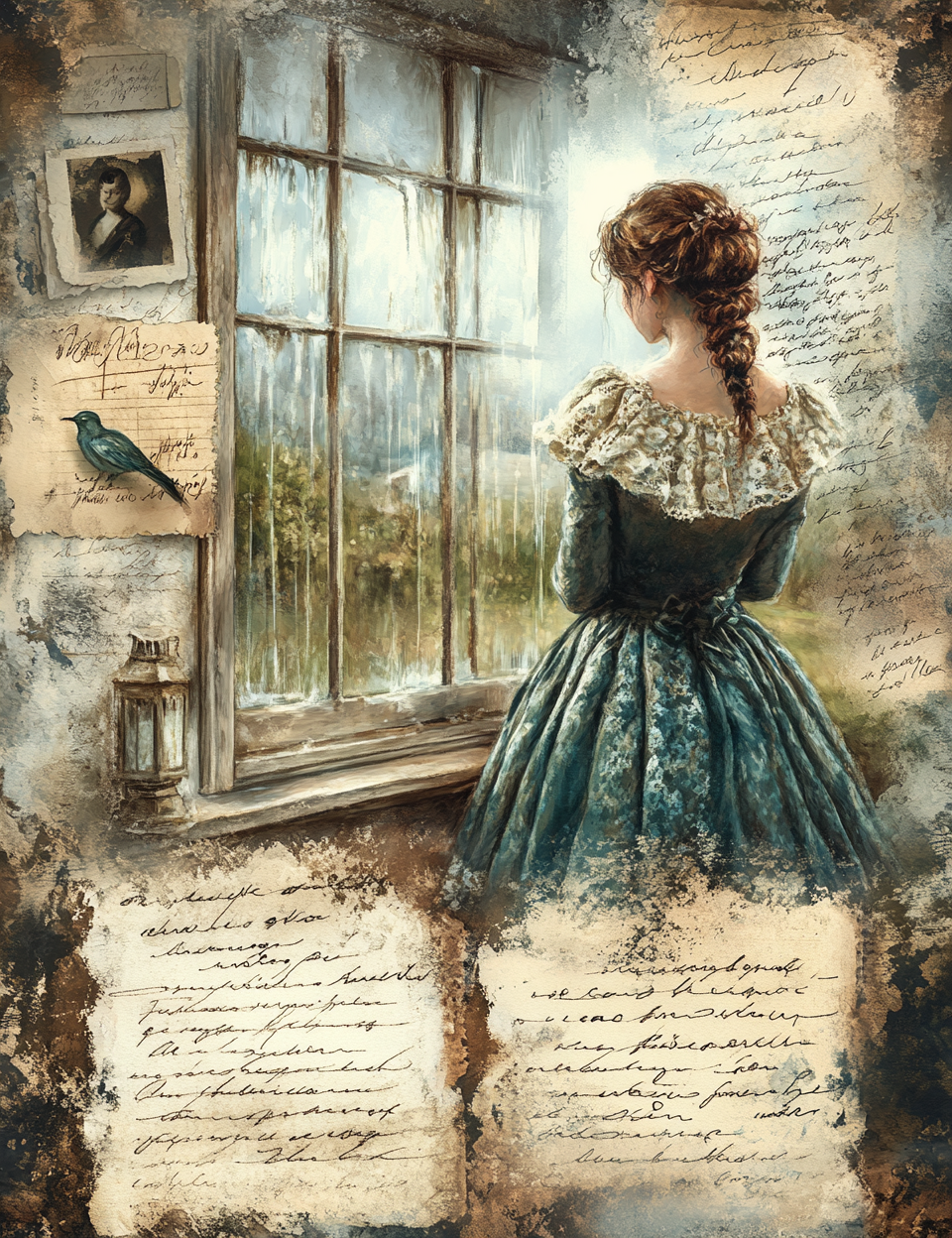 Woman in a vintage dress looking out a window with old letters and a bird on the wall.