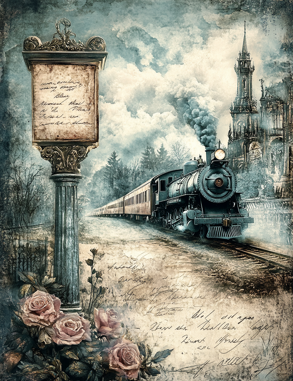 Vintage-style train on tracks with a decorative sign and roses in the foreground.