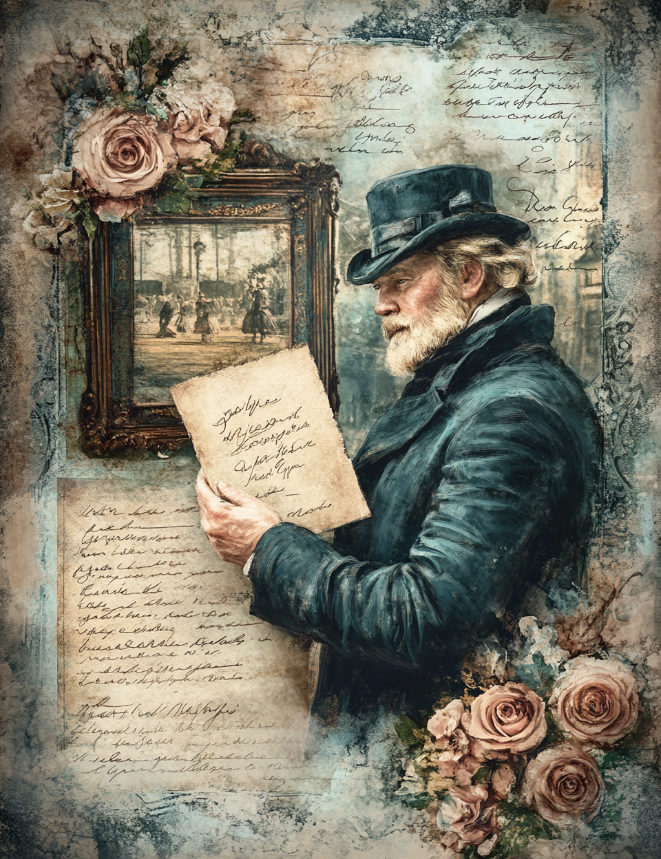 Man holding a letter with vintage elements like flowers and text on a textured background