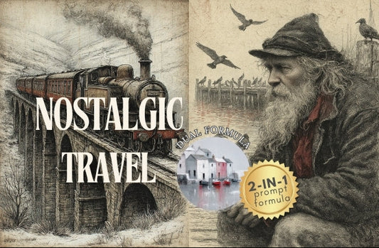 Vintage-style advertisement with a man, train, and text about nostalgic travel.