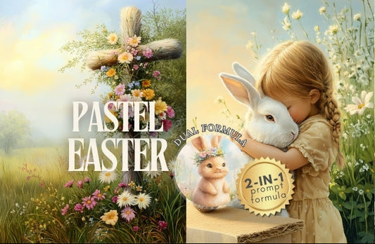 Promotional image for 'Pastel Easter' with a girl holding a rabbit plush toy and flowers in the background.