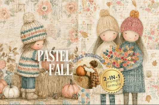 A fall-themed illustrated collage with two children in knit hats and coats standing beside pumpkins, flowers, and autumn motifs. Large text reads 'PASTEL FALL' and a badge says '2-IN-1 prompt formula.