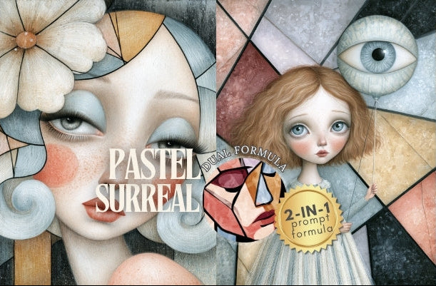 A collage-style artwork with pastel surreal elements: a large stylized face with a flower, a doll with blue eyes and a dress, a clock face, geometric shapes, and the text 'PASTEL SURREAL' plus a badge reading '2-IN-1 prompt formula.' This appears to be the cover or preview of a digital art prompt pack rather than a physical product photo, so subject_type is Other.