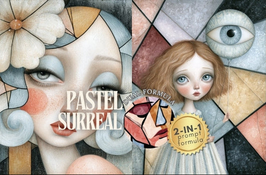 A collage-style artwork with pastel surreal elements: a large stylized face with a flower, a doll with blue eyes and a dress, a clock face, geometric shapes, and the text 'PASTEL SURREAL' plus a badge reading '2-IN-1 prompt formula.' This appears to be the cover or preview of a digital art prompt pack rather than a physical product photo, so subject_type is Other.