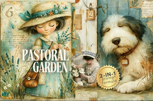 Illustrated scene with a girl, dog, and boy in a pastoral garden setting.