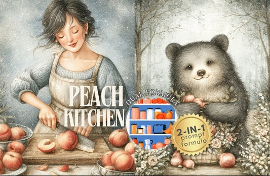 A vintage-style illustrated collage with three vertical panels: a woman cutting peaches in a kitchen, a teddy bear holding a peach, and another woman baking. Large text reads 'PEACH KITCHEN,' with a gold badge saying '2-IN-1 prompt formula.