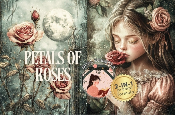 Collage of a girl reading with floral elements and 'Petals of Roses' text.