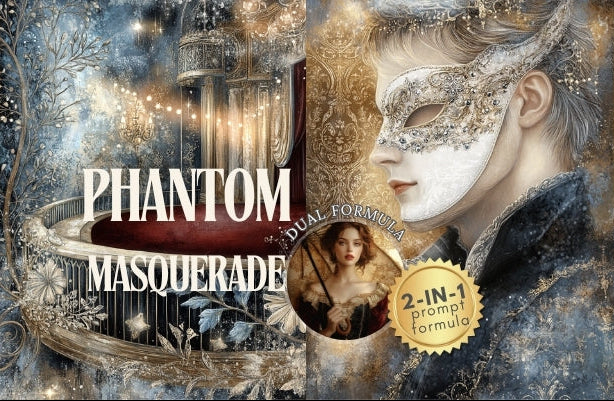 Promotional image for 'Phantom Masquerade' with a person wearing a mask, chandeliers, and a piano.