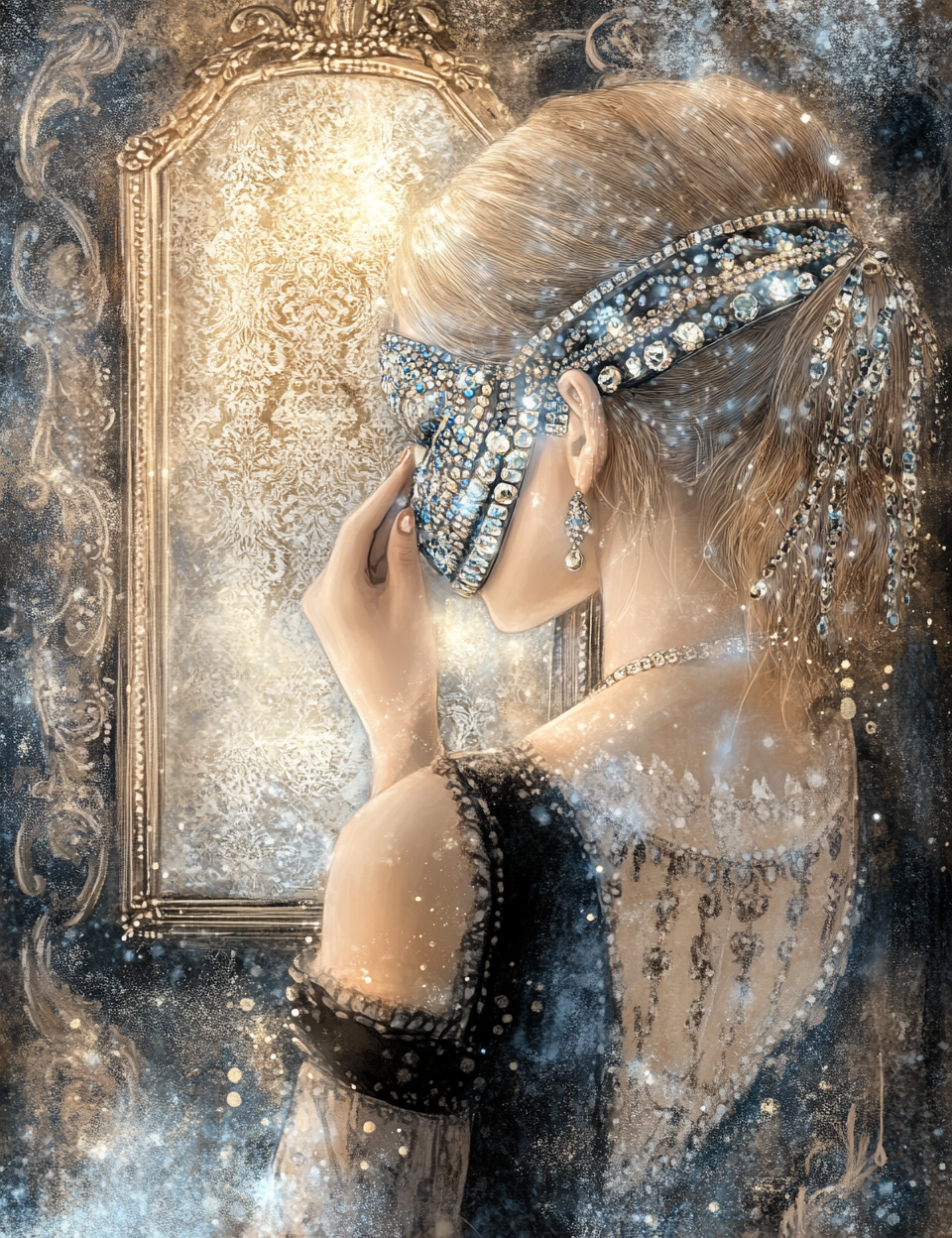 Woman with a decorative headband in front of an ornate mirror
