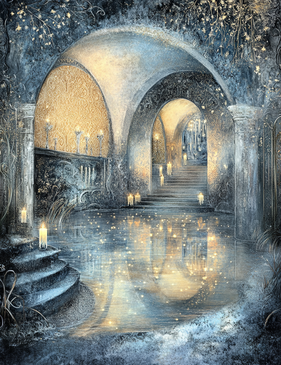 Framed artwork of a grand hallway with arches and candles, evoking a sense of mystery and elegance.