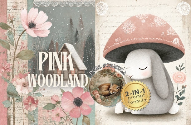 Pink woodland-themed product with a rabbit and mushroom design, surrounded by flowers and nature elements.