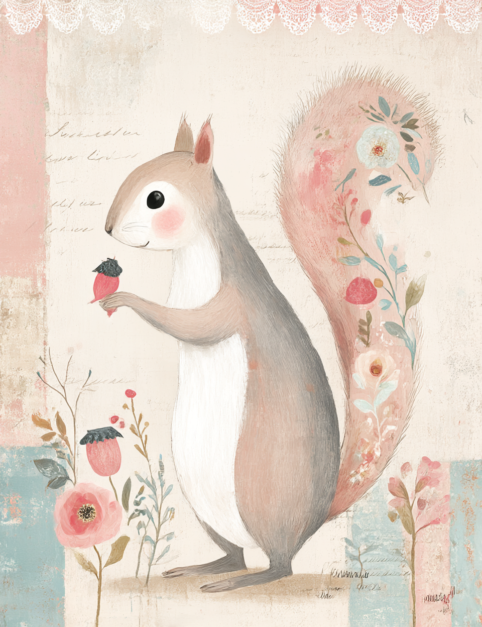 Illustration of a squirrel holding a berry with floral elements on a light background