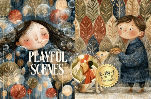 A collage-style promotional graphic for a digital art prompt pack titled 'PLAYFUL SCENES'. The artwork features whimsical, painterly illustrations of children in a forest-like setting with autumn leaves, bubbles, and warm glowing lights.