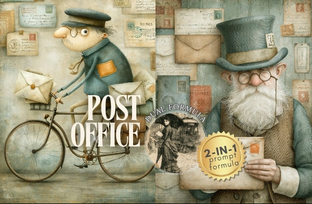 Vintage-style illustration of a post office scene with a cyclist and an elderly man holding a stamp, surrounded by postal items.