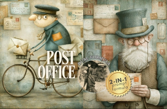 Vintage-style illustration of a post office scene with a cyclist and an elderly man holding a stamp, surrounded by postal items.