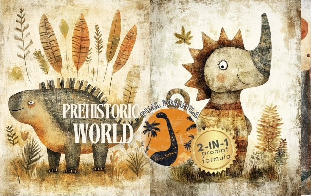 Illustrations of prehistoric animals with a 'Prehistoric World' theme on a textured background.