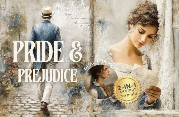 Promotional image for 'Pride & Prejudice' with characters and vintage setting