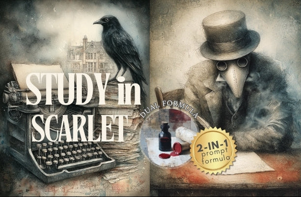 Promotional graphic for 'Study in Scarlet' featuring a plague doctor and typewriter.