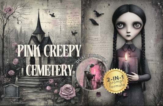 Product packaging for 'Pink Creepy Cemetery' with a gothic design, including a doll holding a candle and a haunted house.