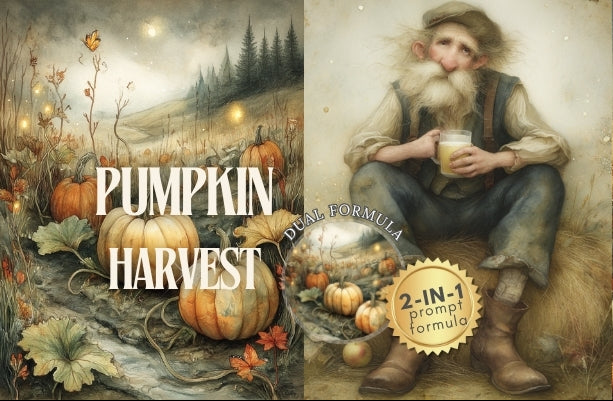 Collage of autumn-themed images with pumpkins and a person holding a jar, featuring text about a 'Pumpkin Harvest' formula.