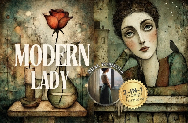Product packaging for 'Modern Lady' with a stylized woman, rose, and cityscape background.