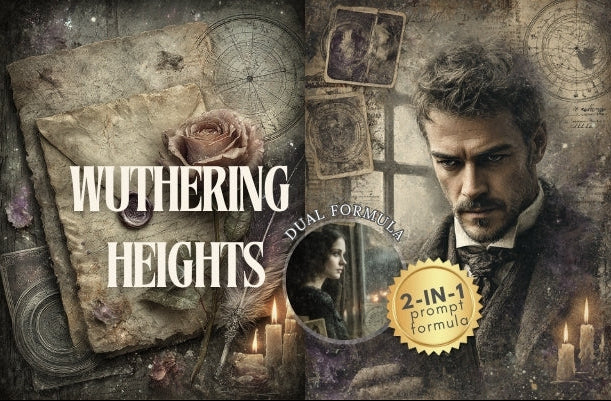Promotional graphic for 'Wuthering Heights' with a man's face and text overlay.