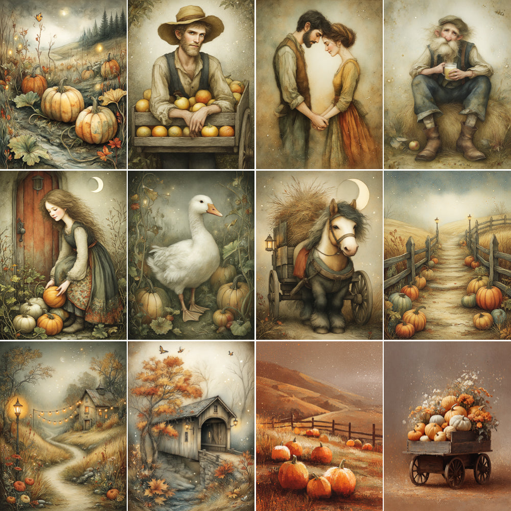 Collage of vintage-style illustrations featuring farm life, people, and nature.