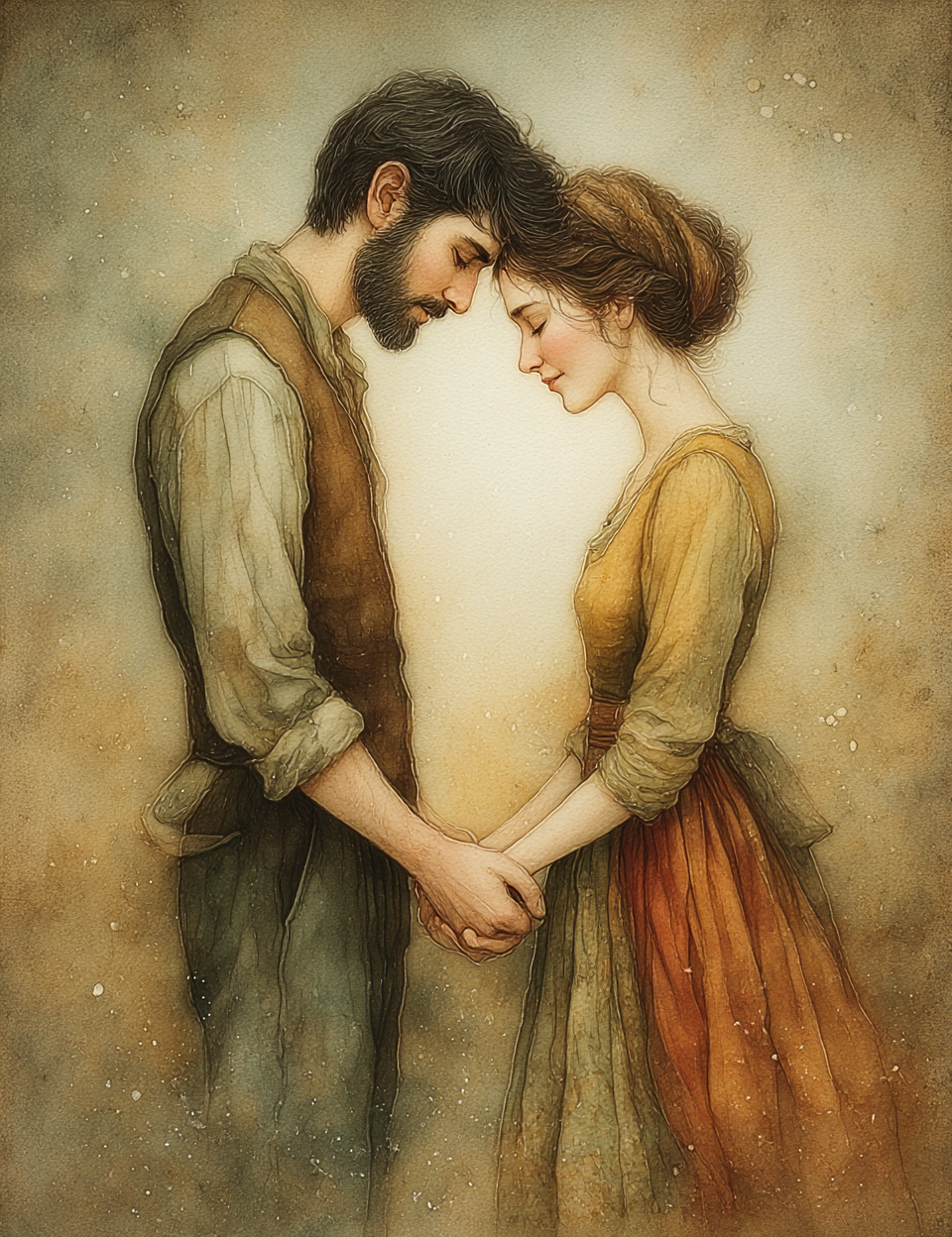 Painting of a couple holding hands with a soft, warm color palette.