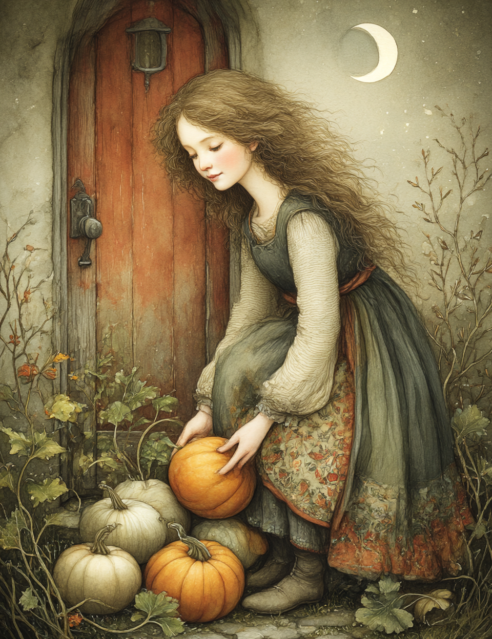 Illustration of a young girl with pumpkins in front of a wooden door.