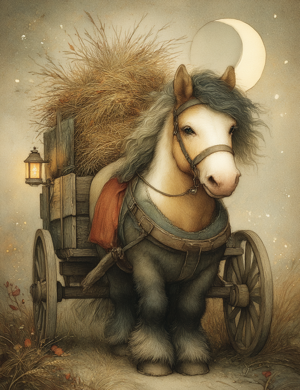 Illustration of a horse pulling a cart with hay at night.