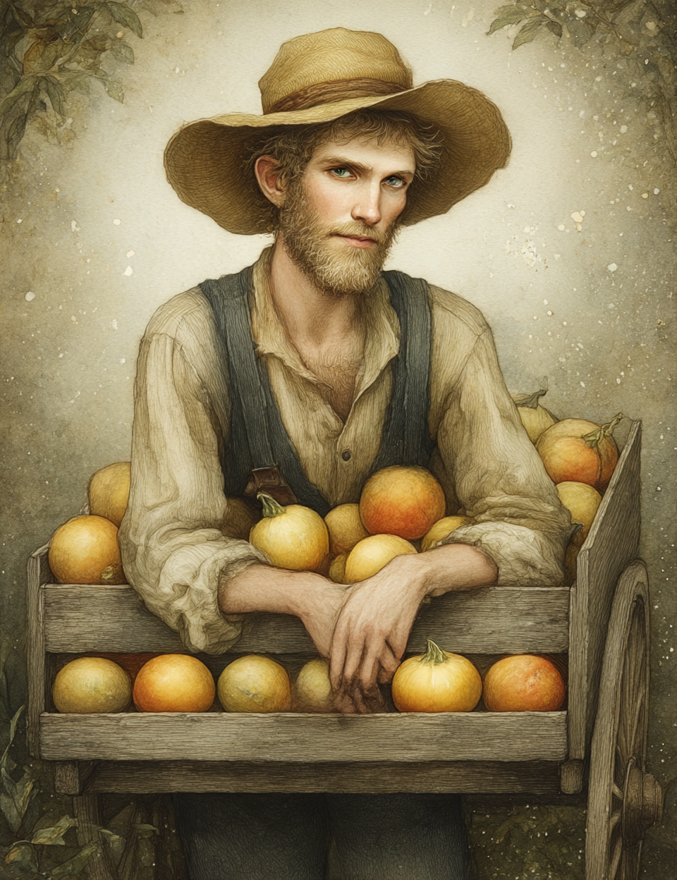 Man with a cart full of apples against a rustic background