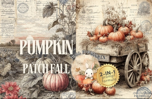 Decorative banner with pumpkins, sunflowers, and a cart on a vintage-style background.