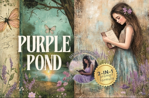 Book cover of 'Purple Pond' with a girl reading, butterflies, and flowers.