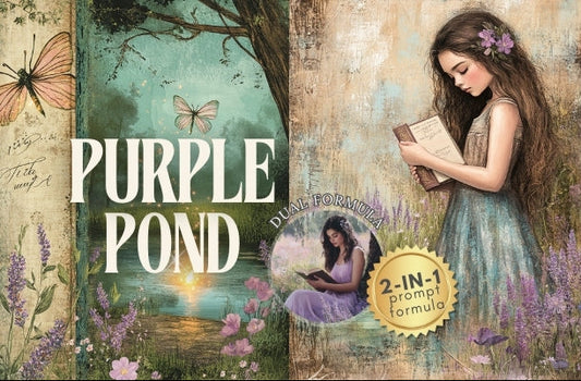 Book cover of 'Purple Pond' with a girl reading, butterflies, and flowers.