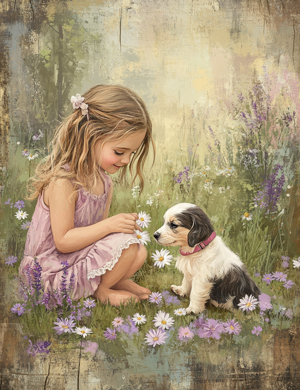 Young girl in a pink dress sitting with a puppy in a field of flowers