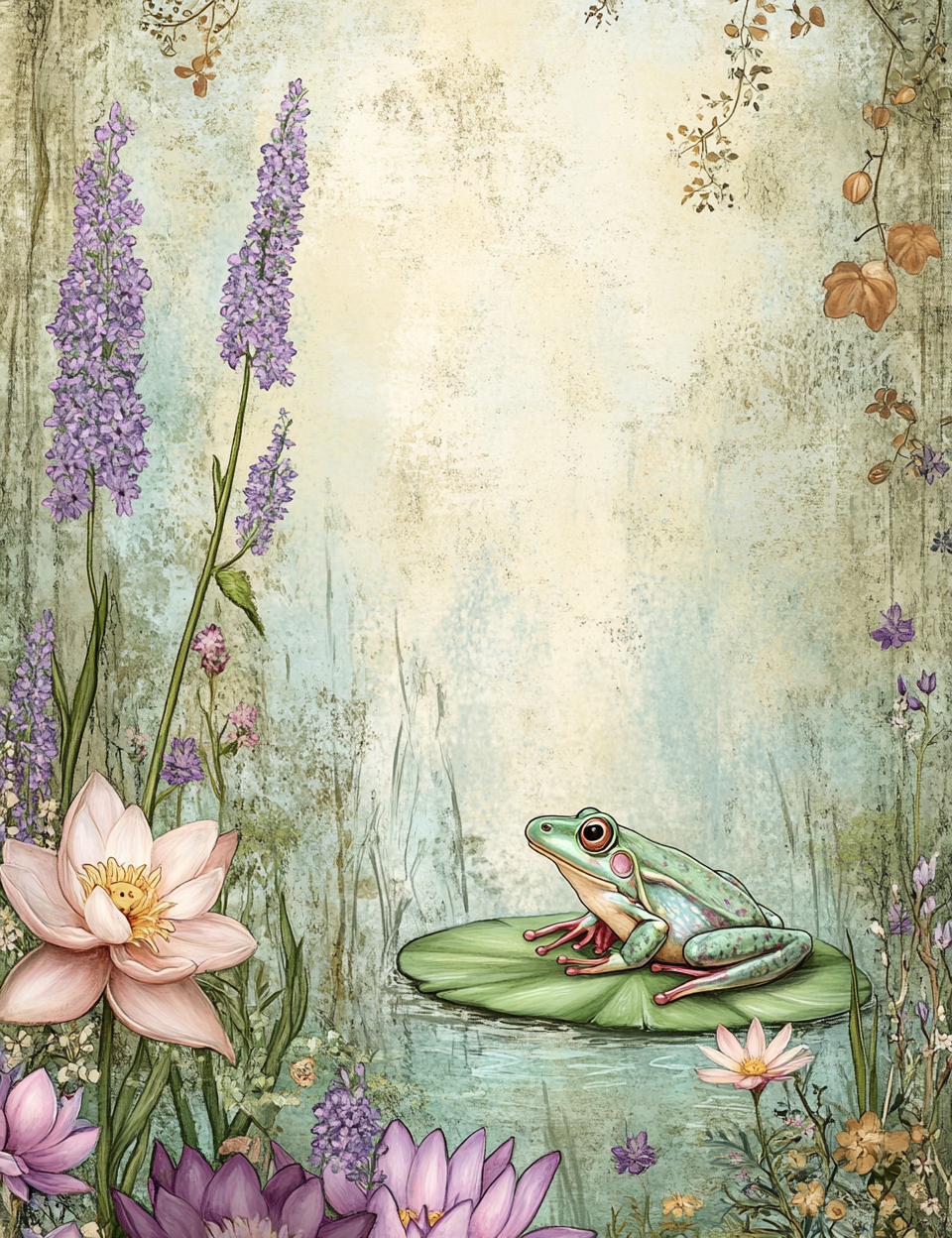 Illustration of a frog on a lily pad surrounded by flowers and plants with a textured background.