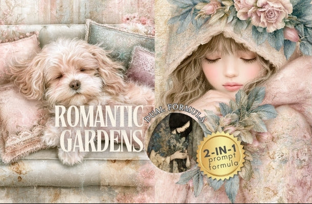 A decorative collage-style cover for a digital prompt pack titled 'ROMANTIC GARDENS.' The design shows a fluffy cream-colored dog lying on a cushioned bench, a young girl in a floral bonnet and dress, and pink floral border panels.