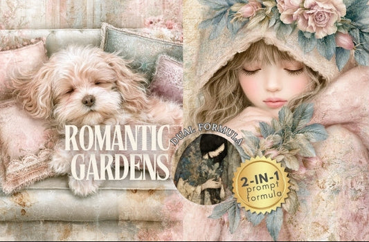 A decorative collage-style cover for a digital prompt pack titled 'ROMANTIC GARDENS.' The design shows a fluffy cream-colored dog lying on a cushioned bench, a young girl in a floral bonnet and dress, and pink floral border panels.