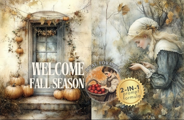 A collage-style autumn-themed design with pumpkins, a rustic window, a woman in vintage clothing, and the text 'WELCOME FALL SEASON' plus a badge reading '2-IN-1 prompt formula.' This appears to be a digital preview or promotional graphic rather than a straightforward product photo, so subject_type is Other.